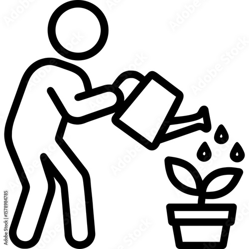 Person watering plants outline icon vector