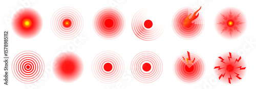 Set of vector Pain icons. Pain red circles isolated. Ache localization icons