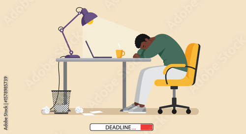 A tired man is slumped over his desk, exhausted from work and deadlines