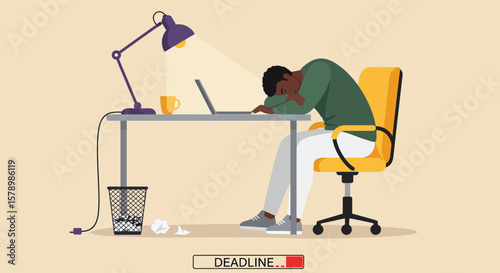 A tired man is slumped over his desk, exhausted from work and deadlines