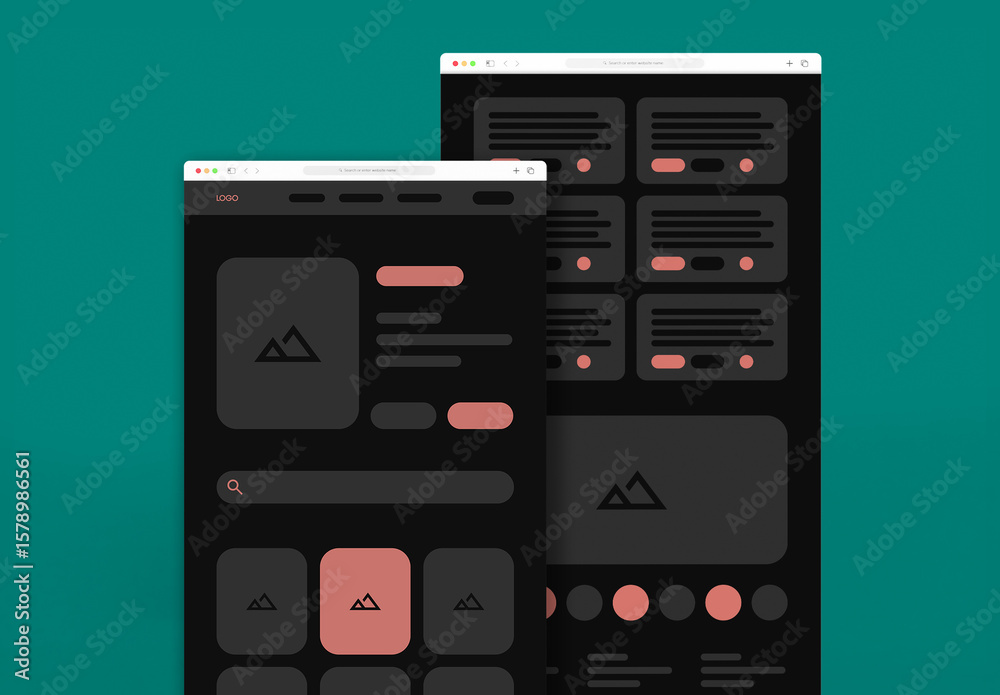 Dark Mode UI UX Wireframe Layout for Web Application Stock テンプレート ...