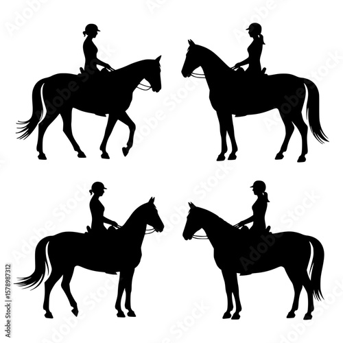 Four black silhouette illustrations depicting women riding horses in different poses, showcasing equestrian activities.