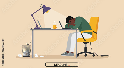 A tired man is slumped over his desk, exhausted from work and deadlines