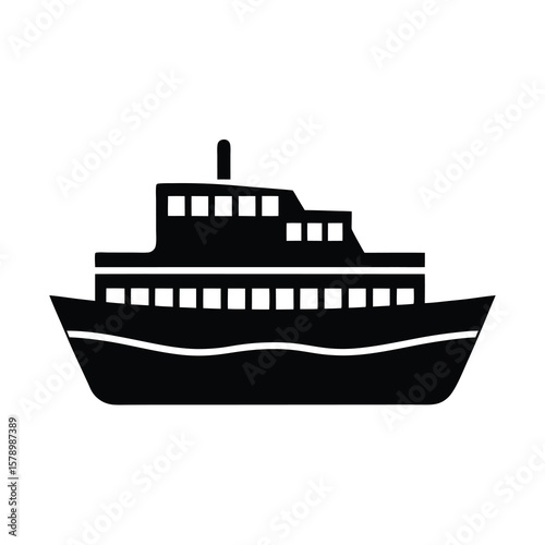 Black and white ferry boat icon illustration for travel design
