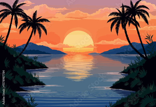 Tropical sunset over calm water with silhouettes of palm trees  
