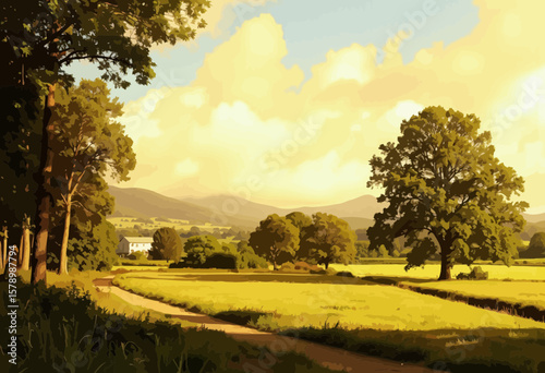 Serene countryside landscape with rolling hills and golden fields  