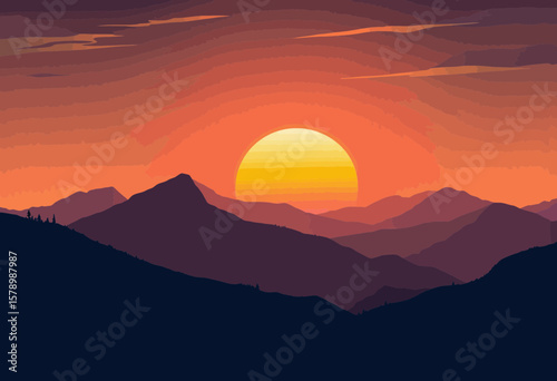 Sunset over mountains with gradient colors in vector style  