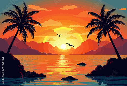 Tropical sunset with palm trees and birds over tranquil sea  