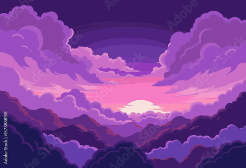 Digital sunset with purple clouds over mountainous landscape  
