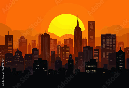 Urban skyline silhouette at sunset with vibrant orange background  