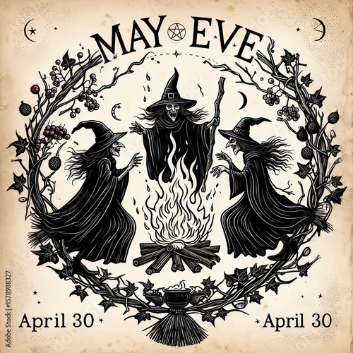 illustration of May Eve, monochrome