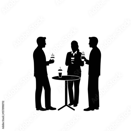 Coffee Break Silhouette: A striking monochrome silhouette captures three individuals in a coffee break. the scene creates a sense of social connection and leisure.