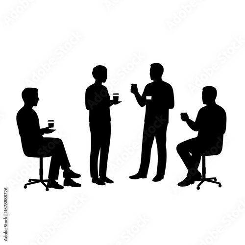 Silhouette Chat: A series of business professionals engage in casual discussion, silhouetted against a minimalist backdrop, fostering an environment of informal dialogue and collaboration.