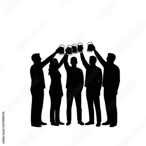 Cheers to Celebration: A silhouette image of individuals raising mugs in a convivial toast. Capturing the essence of friendship, camaraderie, and shared joy during a festive moment.