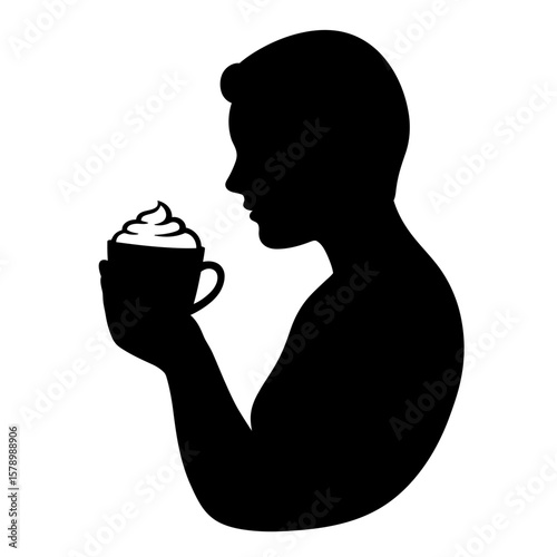 The Coffee Connoisseur Silhouette: An artful silhouette captures a moment of refined coffee appreciation, with a person holding a mug of cappuccino, inhaling the aroma with focused enjoyment.