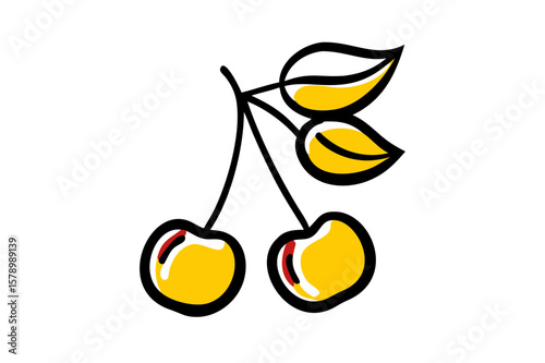 Isolated red cherries. Trendy hand-drawn vector cherry berries sticker on a pink background. All elements are isolated. Summer berries and healthy eating concept. Modern clip art berry set.

