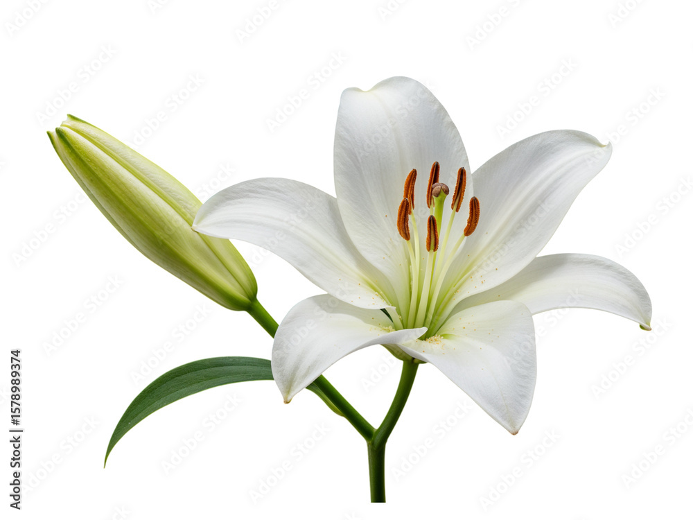 Obraz premium Elegant white lily flower and bud against a stark black background
