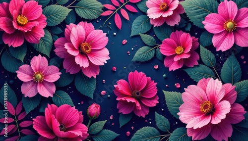 Intricate fuchsia floral pattern, vibrant blooms and leaves , trendy, beauty, pink