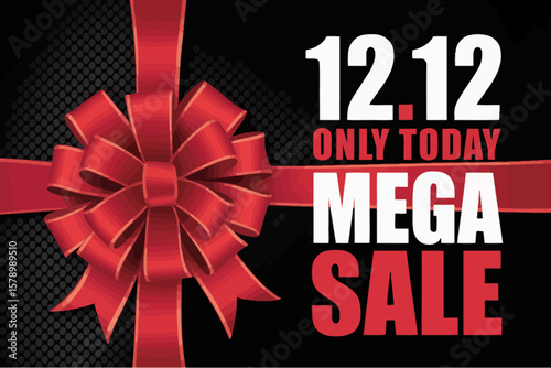 Red Bow and Ribbon on Black Background for a Mega Sale Starting December 12th.