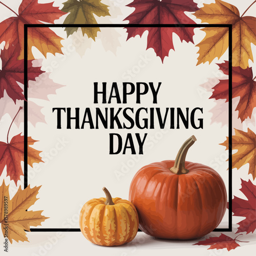Happy Thanksgiving Day graphic with pumpkins and autumn leaves.