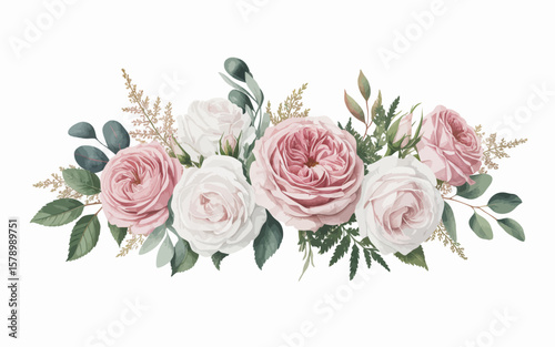 Elegant blush pink and white roses floral arrangement design for invitation or greeting card.
