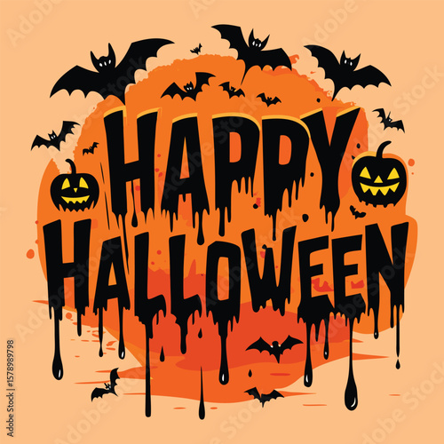 happy Halloween background with pumpkin and bat.