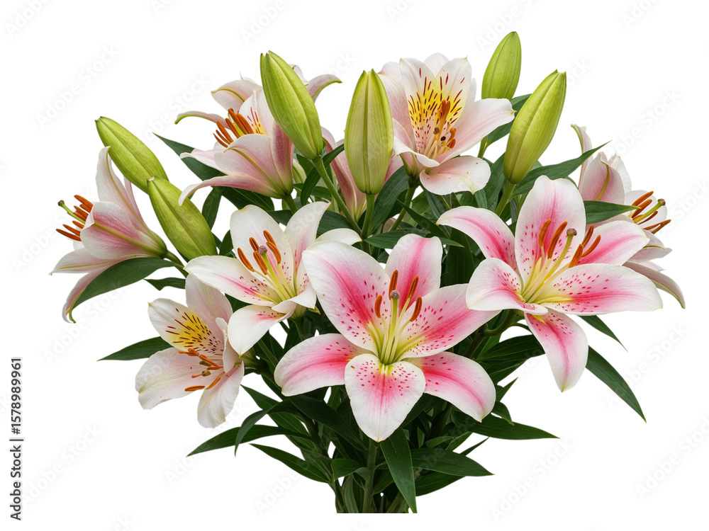 Fototapeta premium Beautiful bouquet of pink and white lilies with green buds and leaves
