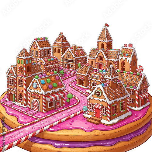 Whimsical Gingerbread Village on a Cookie Base Cartoon