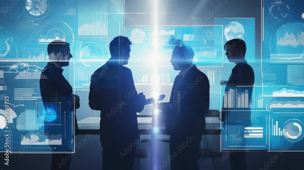 silhouette of business professionals collaborate with futuristic technology in a modern office, discussing strategy and data insights for future growth.