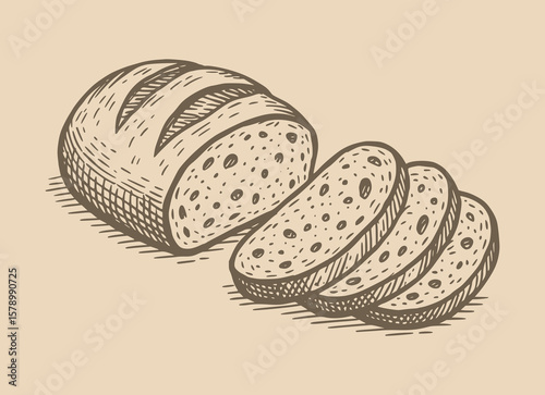 Hand Drawn style Vector Rustic Sourdough Bread Loaf with Slices - Vintage Organic Baking and Homemade
