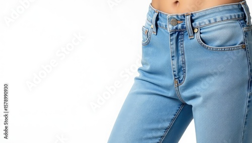 Light wash denim jeans, pure white background, clothing, detail