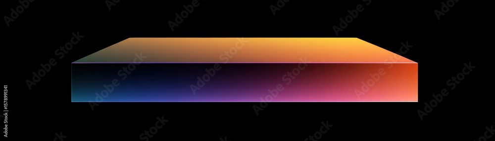 Obraz premium A glowing rectangular prism with smooth gradients of orange, pink, purple, and blue on a black background, creating a futuristic and vibrant visual effect, AI computer set