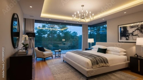 Modern Luxury Bedroom Interior with Architectural Design and Scenic Nature View at Dusk