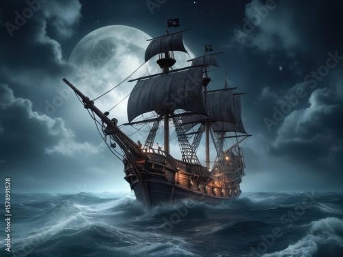 Dark pirate ship sails stormy night. Moonlit sea
