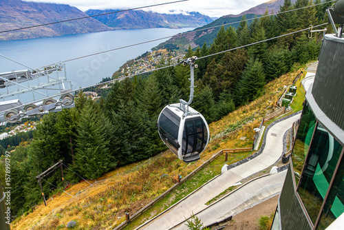 Panoramic views of Skyline Queenstown Gondola, Lake Wakatipu, and surrounding mountains from the top in Queenstown, Otago region, South Island, New Zealand