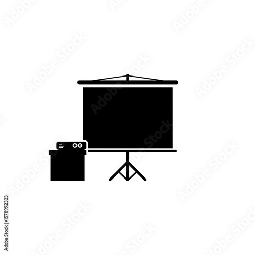 Presentation Screen Icon: A minimal illustration of a presentation screen set up, projector and a tripod against the background.