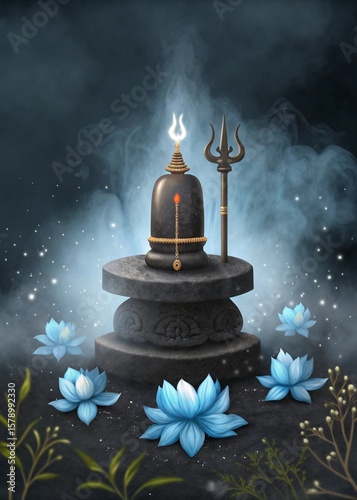  Glowing Shivlingam with trishul and blue lotus on a smoky divine background.