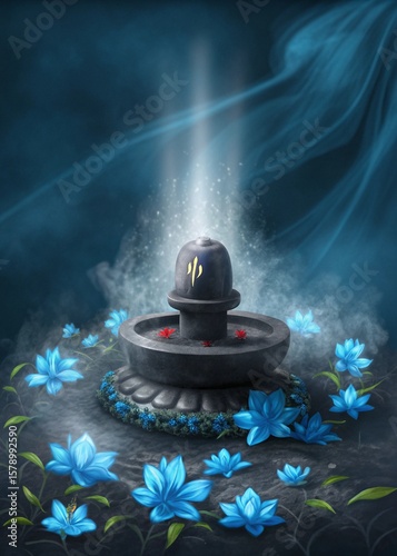 Shivlingam with trishul and blue lotus on a smoky divine background.
