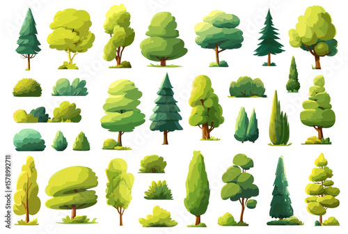 Cartoon green trees and bushes set. Park landscape nature decoration isolated vector illustration