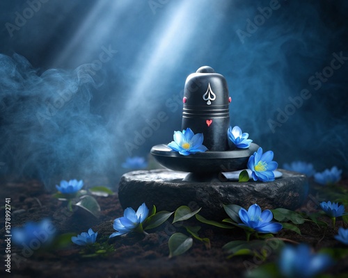  Glowing Shivlingam with trishul and blue lotus on a smoky divine background.