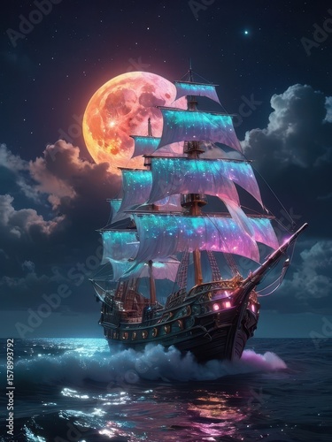 Night ship with glowing sails under a large moon