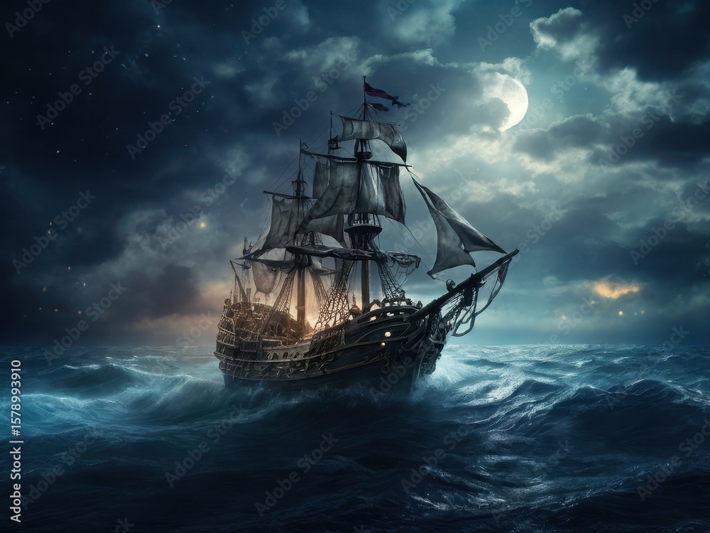 Fototapeta premium Dark ship on stormy night sea