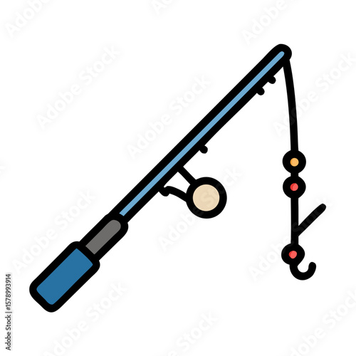 Colorful fishing rod illustration with reel and hooks on a white background
