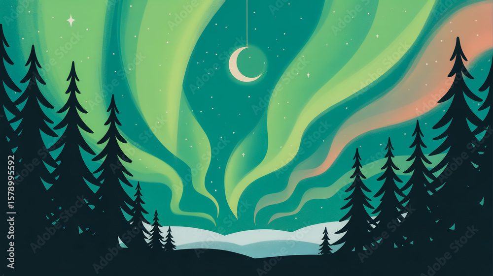 Fototapeta premium Ethereal vector northern lights scene, with silhouette of trees, glowing sky in green and pink waves, and a peaceful moon above.