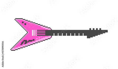 Pixel art pink electric guitar vector illustration.  Game music element. Y2k retro style.