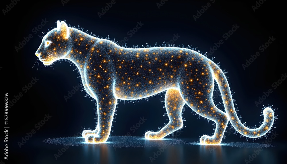 Fototapeta premium Mystical jaguar outlined with glowing fractal vines and golden blue light, side view portrait