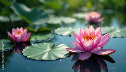 Water lilies forming a natural floral pattern on a still lake, petals, macro