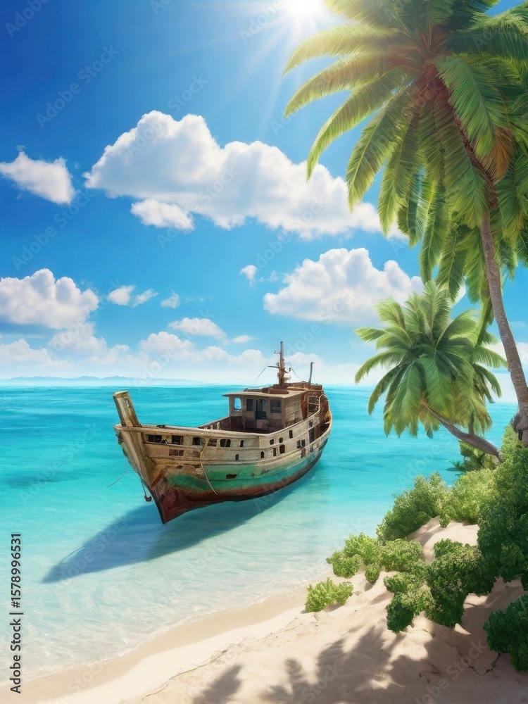 Fototapeta premium Sun-drenched beach, rusty ship, tropical paradise