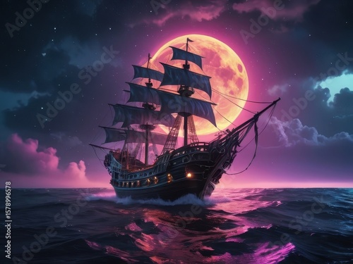 Dark ship sails under a large moon