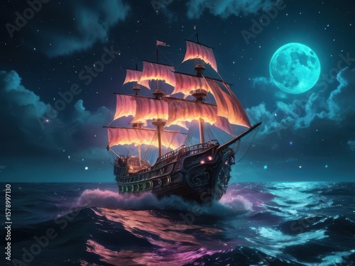 Nighttime ship sails, glowing sails